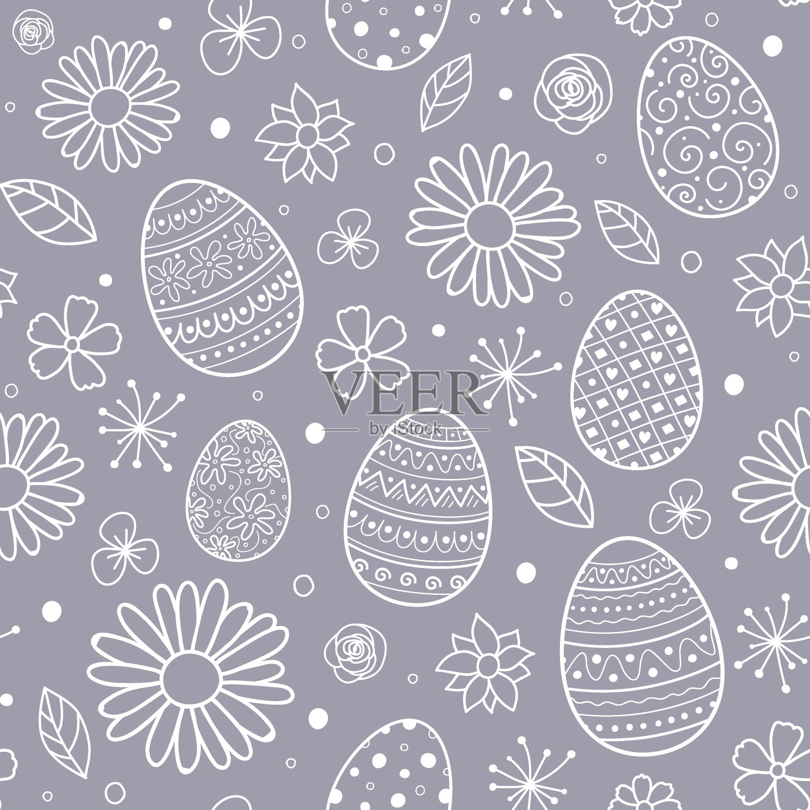 无缝纹理与手绘复活节彩蛋和鲜花。向量插画图片素材