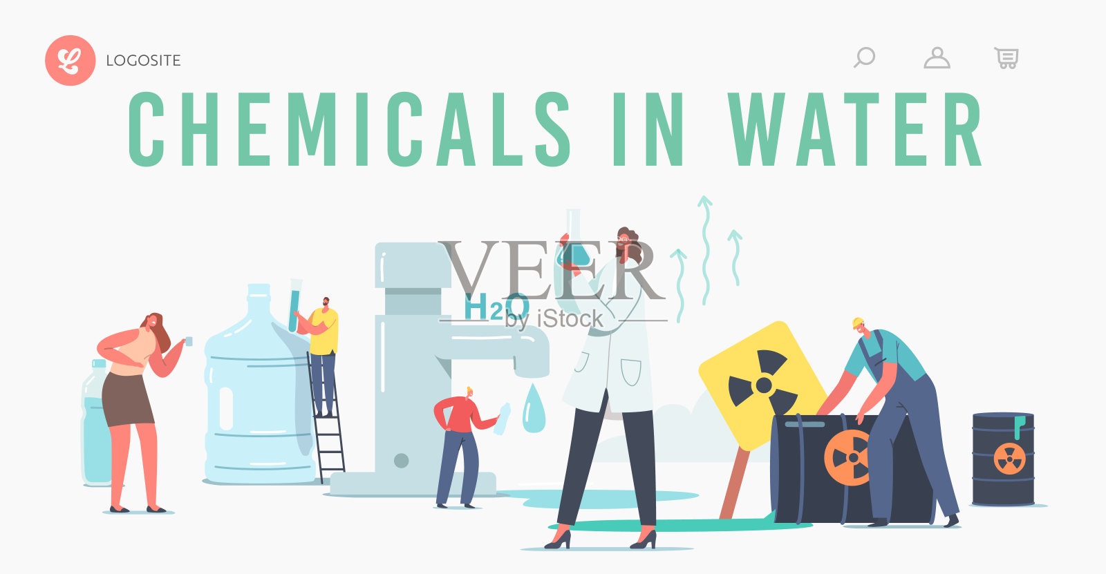 化学品在水着陆页模板。微小的科学家女性角色i拿着烧杯在实验室研究水样本设计元素图片