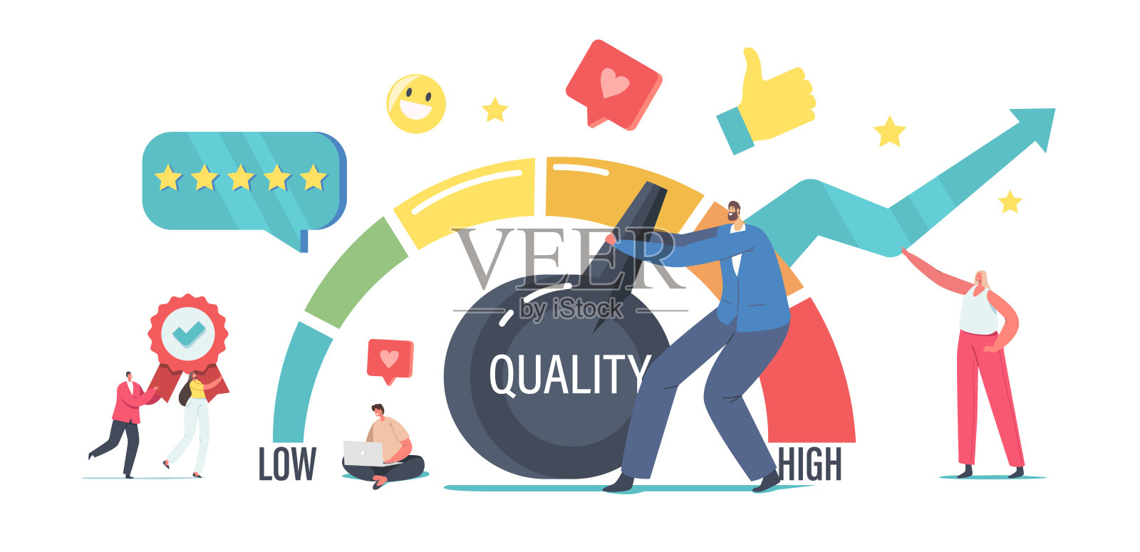 微小的商人性格拉动巨大的杠杆臂，提高水平的质量，满意的客户最高的评价率插画图片素材