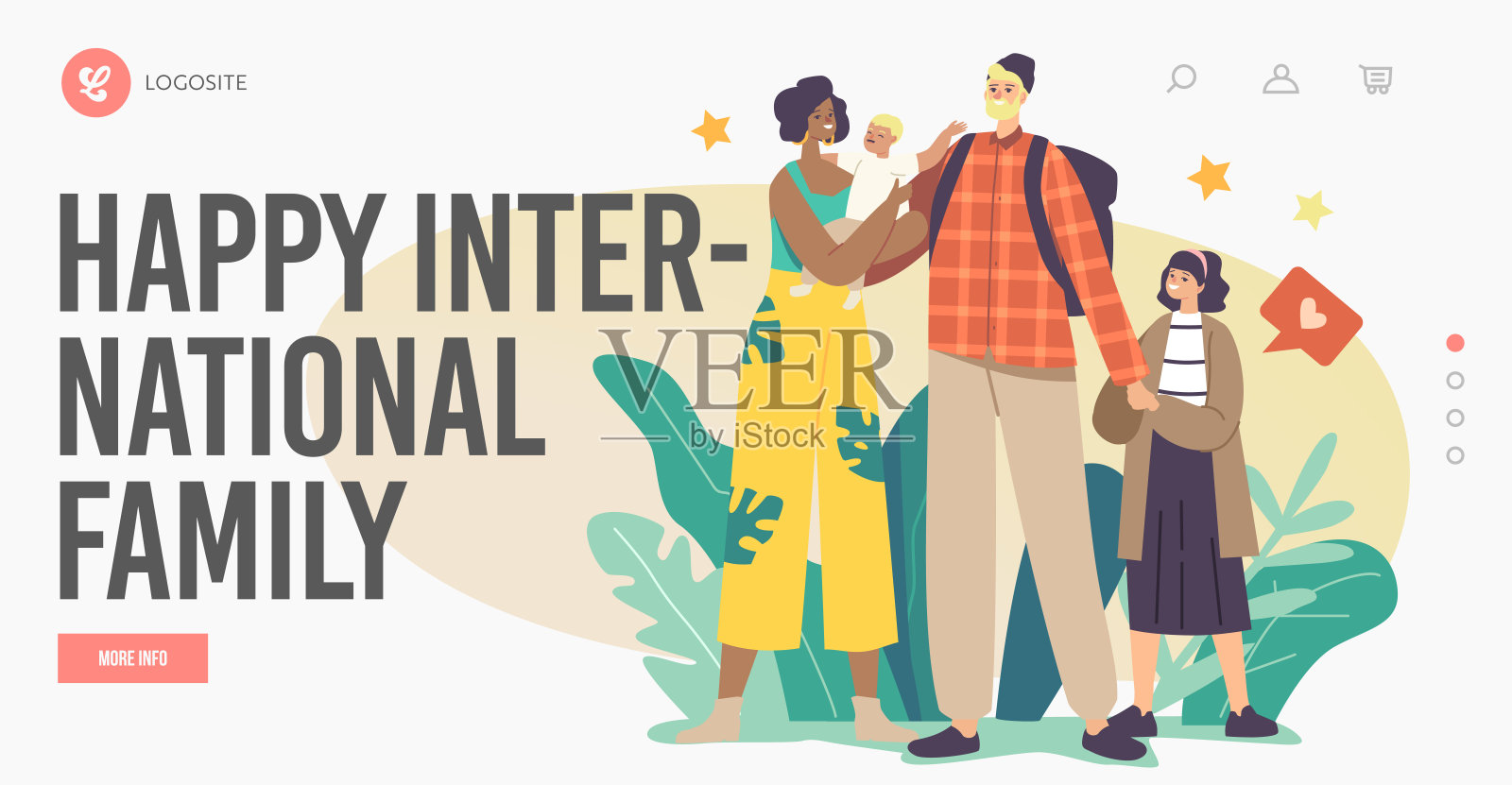 多种族幸福家庭登陆页面模板。国际角色白种人父亲，非洲母亲和孩子插画图片素材