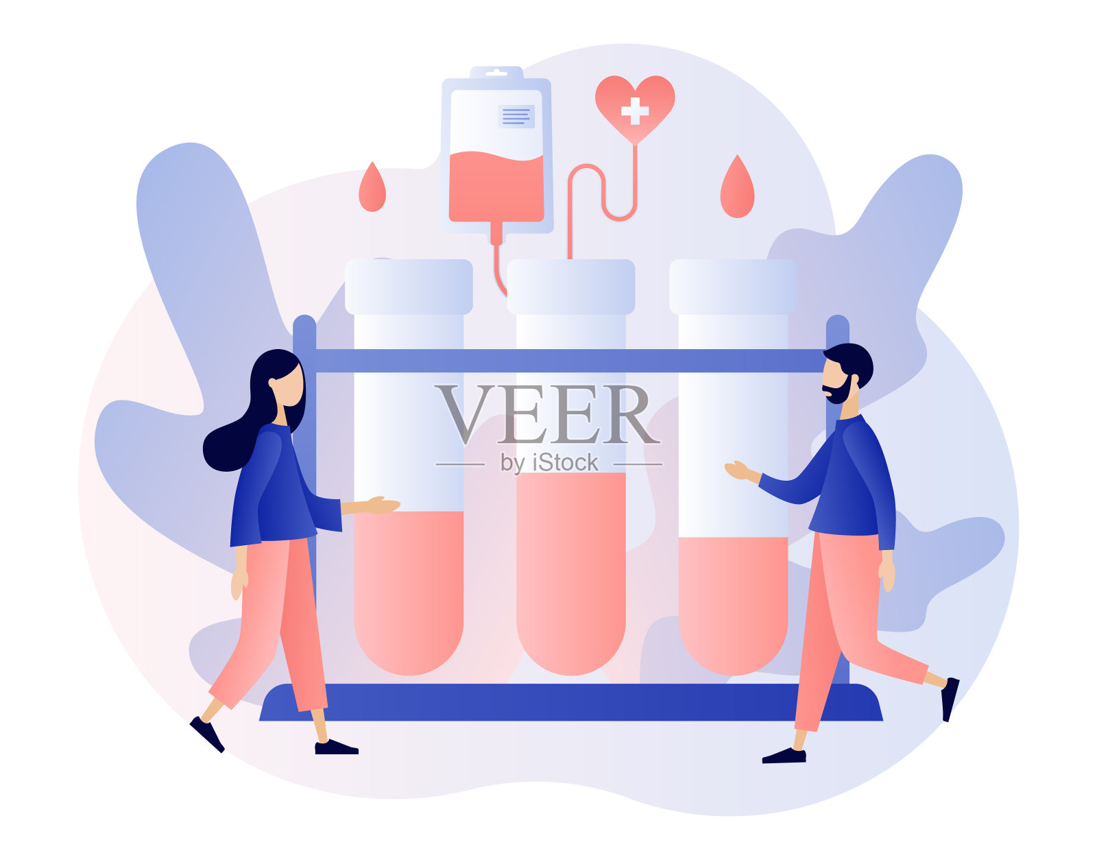 献血的概念。小志愿者和护士在医院献血。血液测试或分析。临床实验室检查。卫生保健。现代平面卡通风格。矢量图插画图片素材