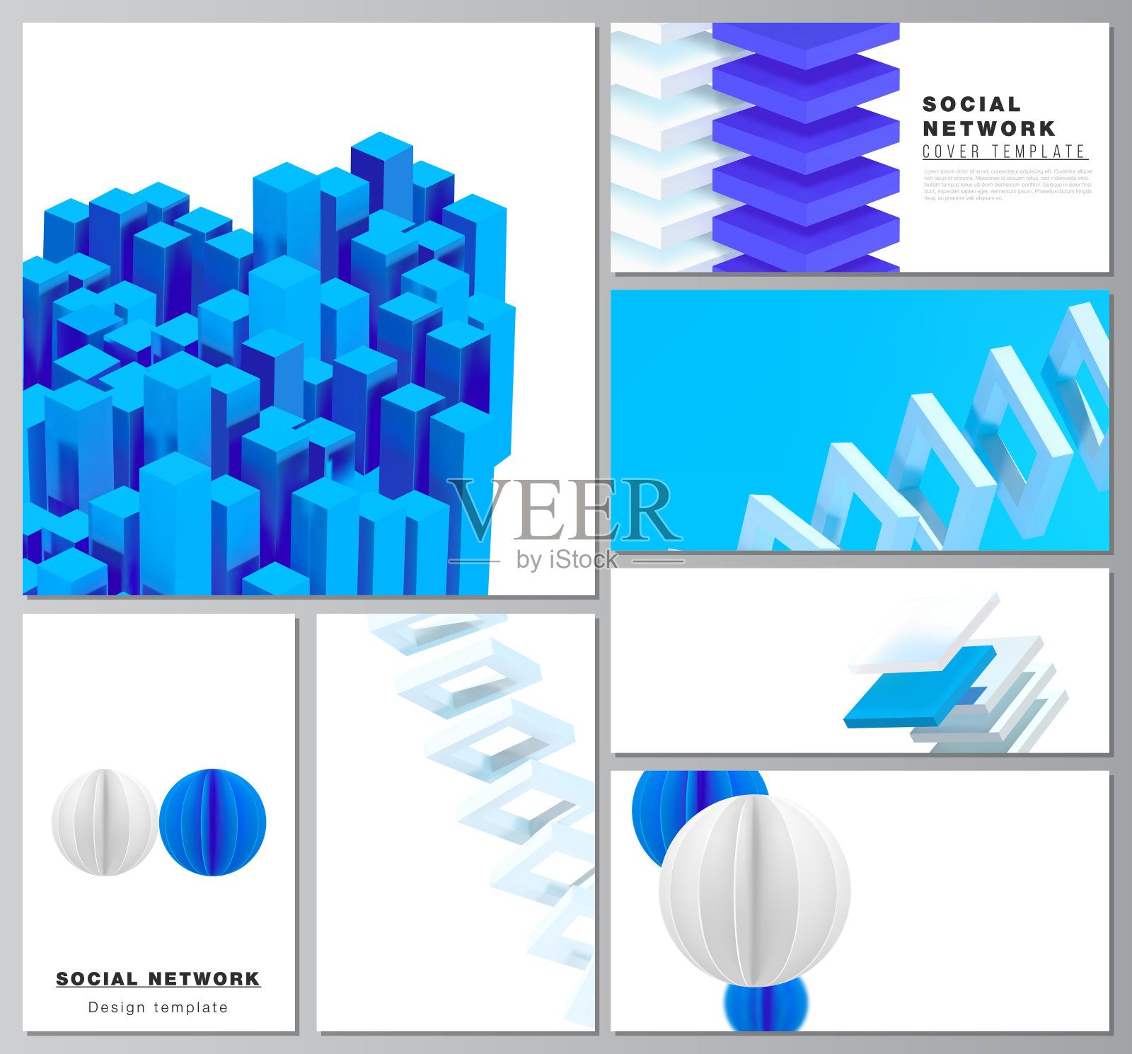 矢量布局现代社会网络模型的封面设计，网站设计，网站背景或广告。三维渲染矢量合成动态逼真的几何蓝色形状在运动插画图片素材