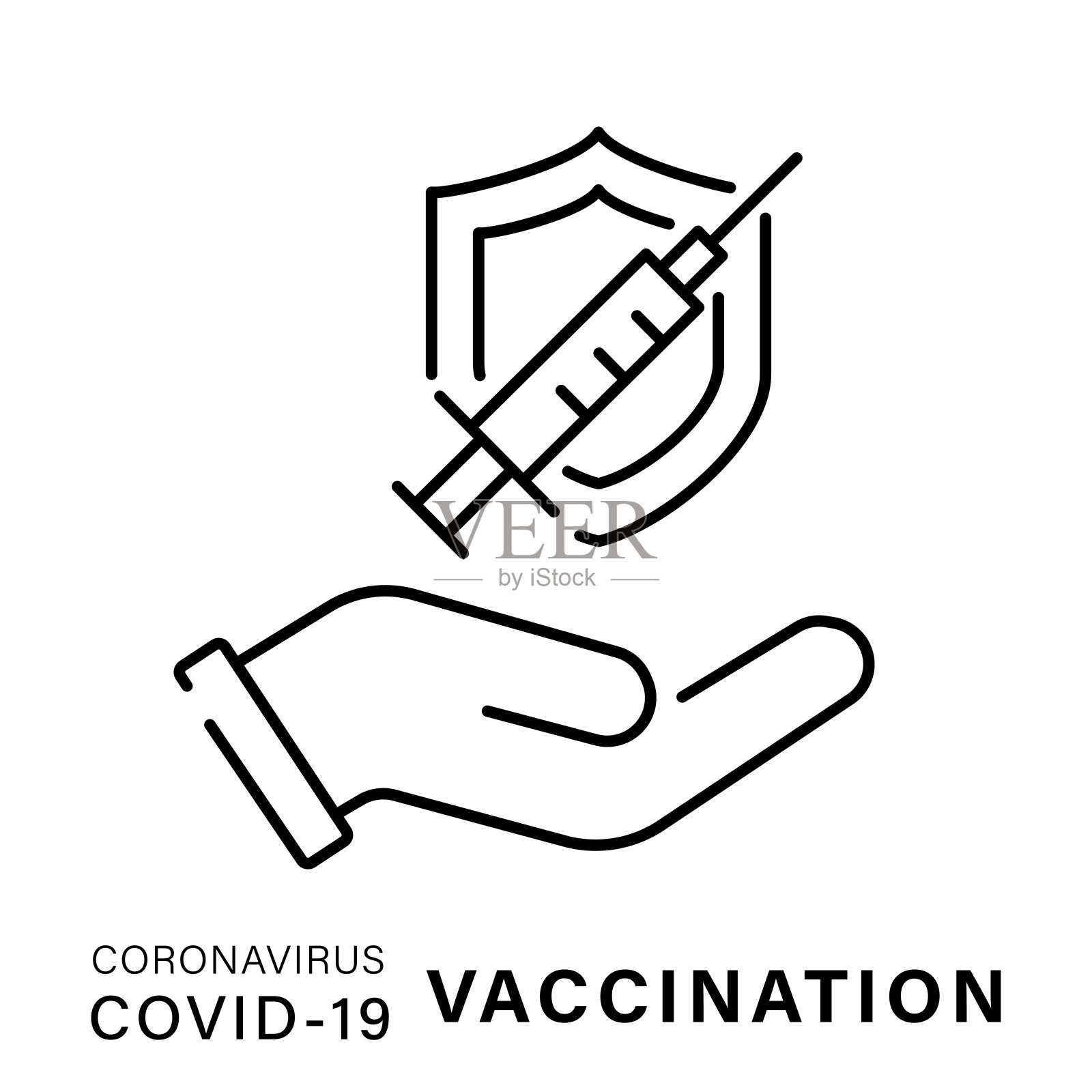 一个简单的线性图标，显示covid-19冠状病毒疫苗。插画图片素材