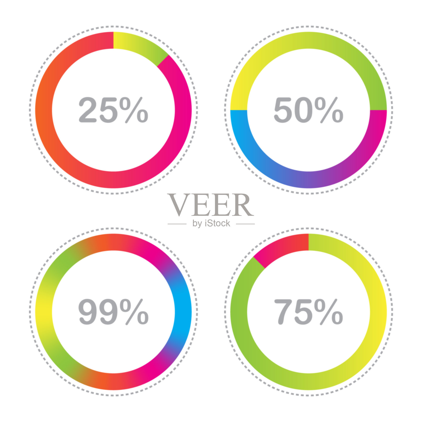 一套百分比图，彩色圆形信息图元素，矢量插图。插画图片素材