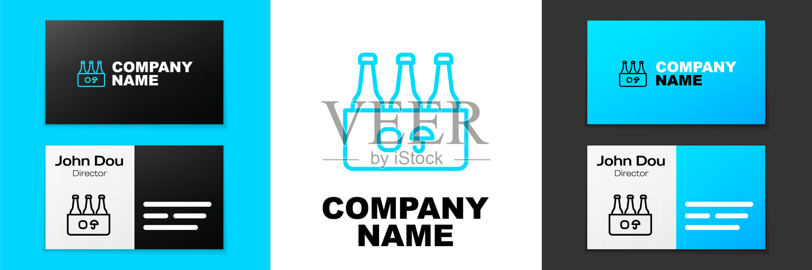 蓝色线包啤酒瓶图标孤立在白色背景。箱子啤酒箱标志。标志设计模板元素。向量插画图片素材