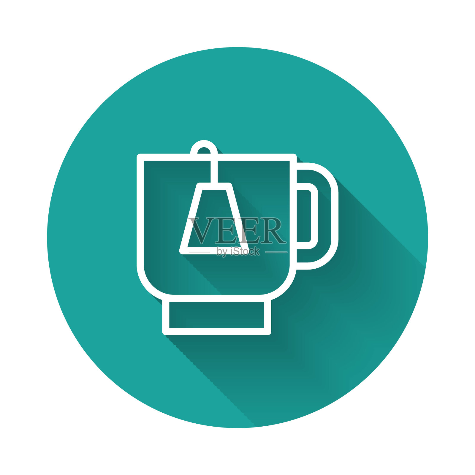 白色线杯茶与茶袋图标孤立与长阴影背景。绿色圆圈按钮。向量图标素材