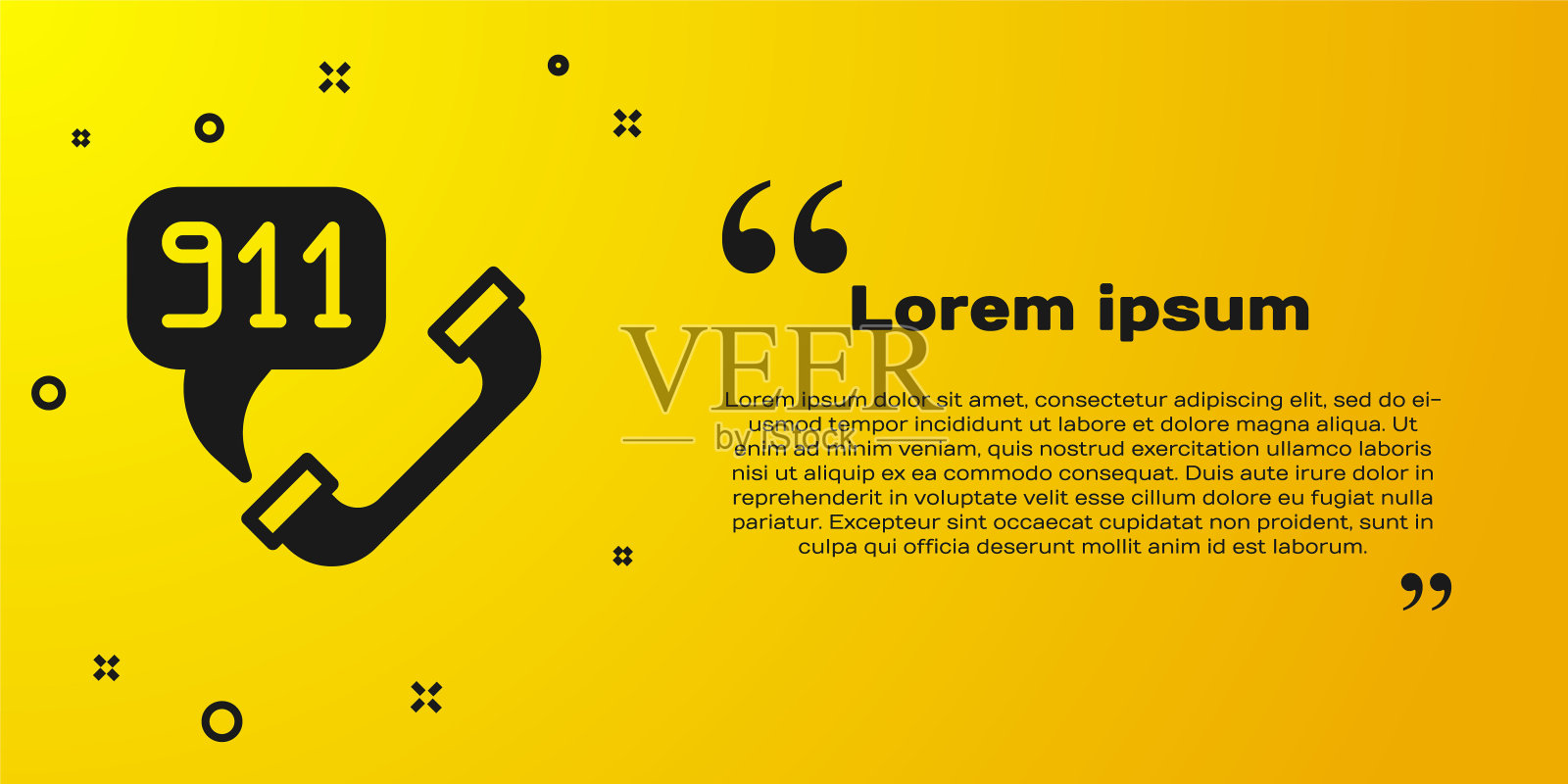 黑色电话与紧急呼叫911图标隔离在黄色背景上。警察，救护车，消防部门，电话，电话。向量插画图片素材