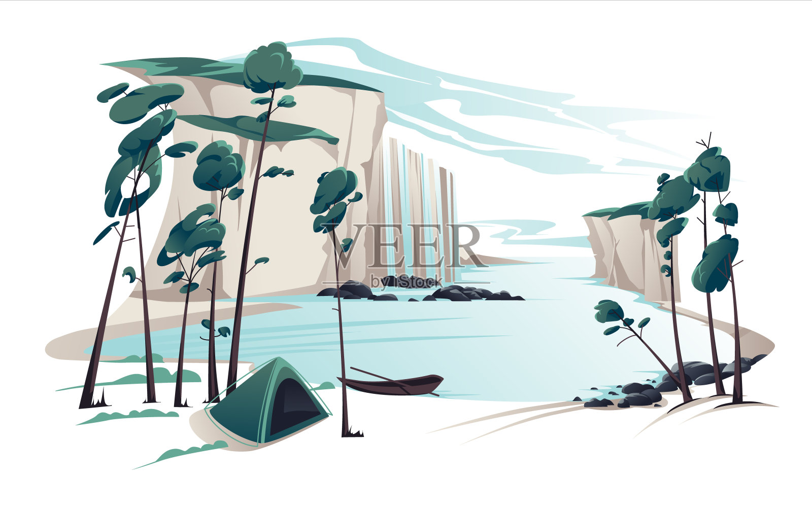 矢量平坦的夏季景观插图瀑布，河流，山脉，松树，帐篷和baot在蓝色的云天空。自然的观点。插画图片素材