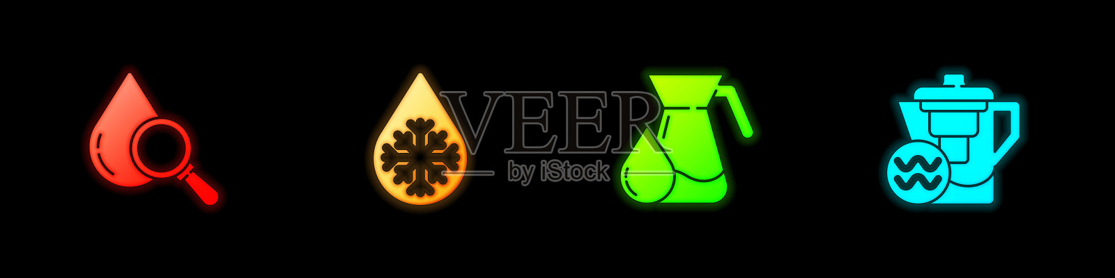 设置Drop和放大镜，除霜，水壶与水和水壶过滤器图标。向量插画图片素材