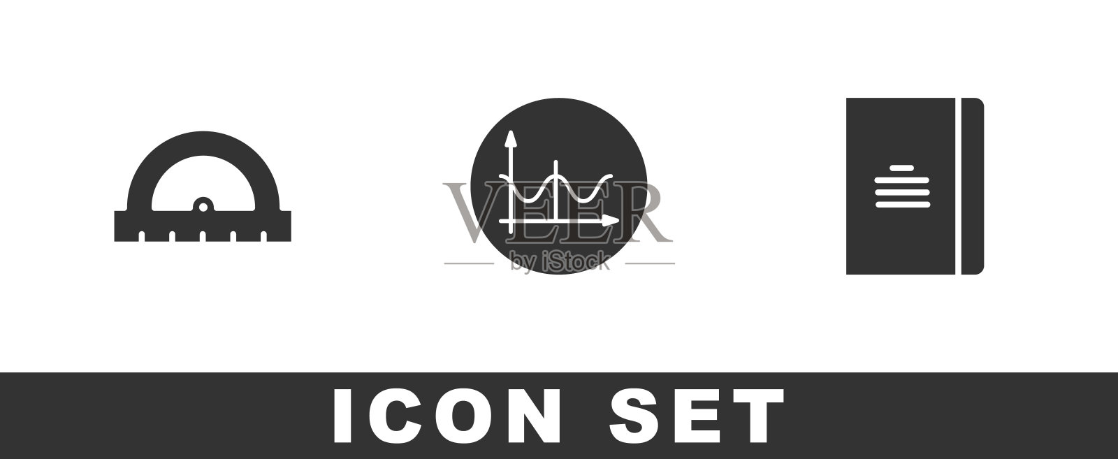 设置量角器，图形，时间表，图表，图表和螺旋笔记本图标。向量图标素材