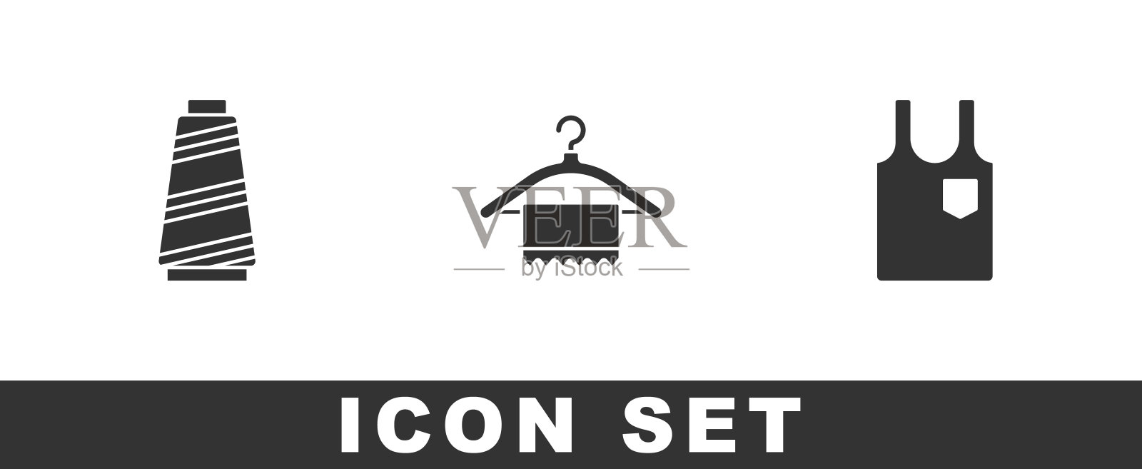 设置缝纫线，衣架衣柜和无袖t恤图标。向量图标素材