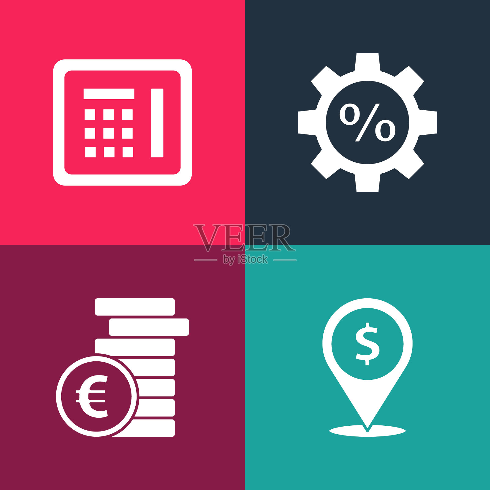 设置流行艺术现金位置，硬币与欧元符号，齿轮百分比和安全图标。向量图标素材