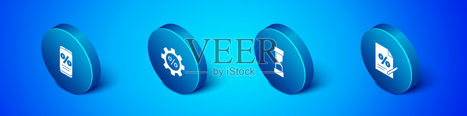 设置等距百分比折扣和移动，旧沙漏，财务文件和齿轮与百分比图标。向量图标素材