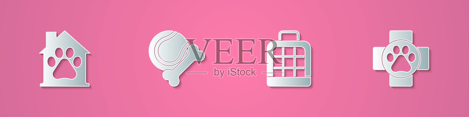 套剪纸宠物屋，玩具骨橡胶和球，手提袋和兽医诊所图标。纸艺术风格。向量图标素材