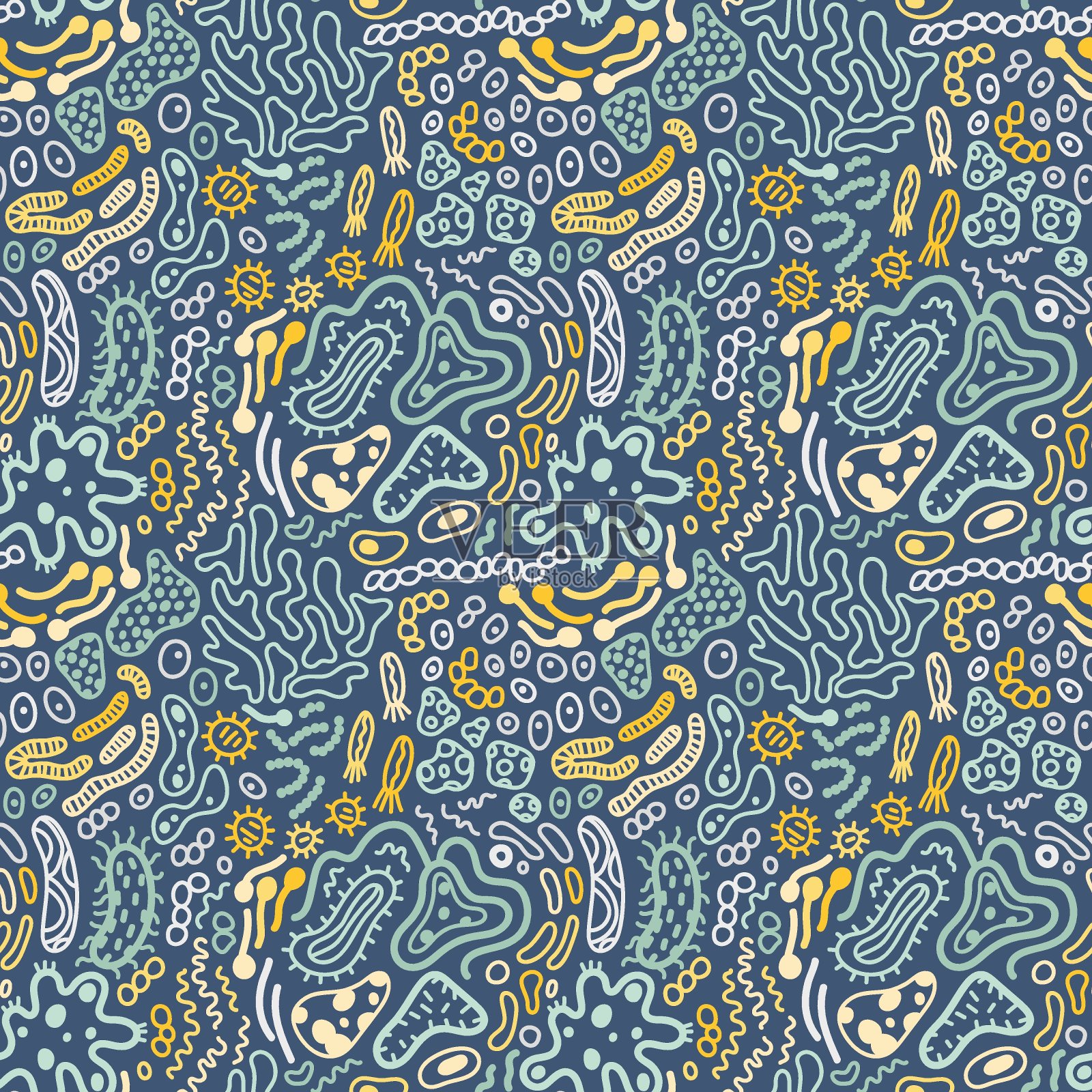 病毒，细菌，微生物的无缝模式。具有幻想微生物、细菌、霉菌、细胞、益生菌等载体背景。抽象的画插图。插画图片素材