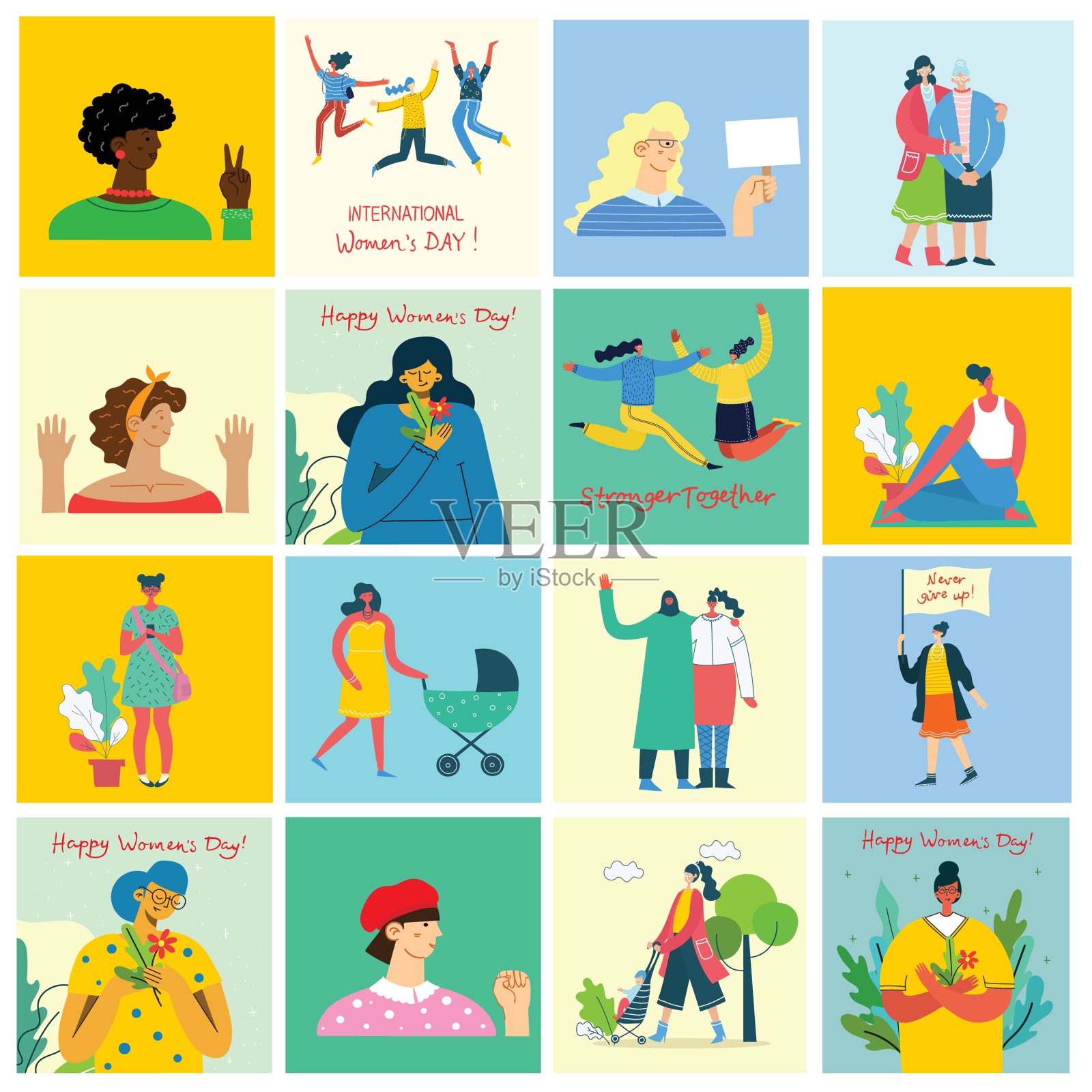 国际妇女节。不同的国际和跨种族的有地位的妇女群体。对于女生的权力观念，女性化和女权主义观念。矢量插图。插画图片素材