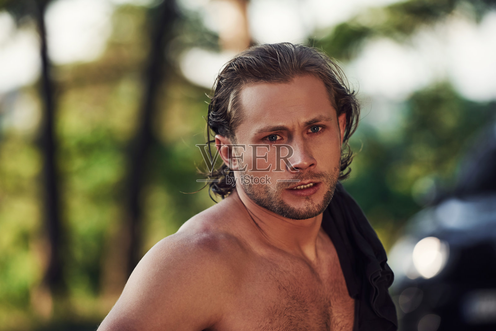 特写肖像。英俊的赤膊男子与肌肉型是在森林白天照片摄影图片