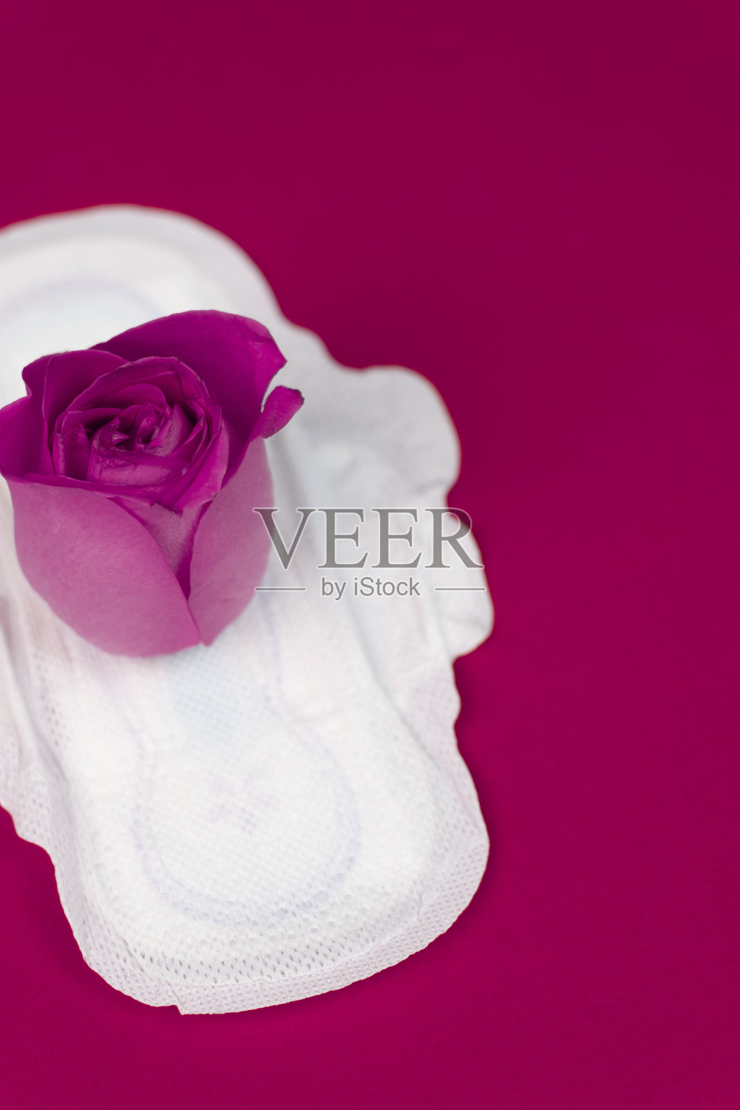 白色卫生巾上有红色玫瑰花，对女性健康或身体有积极的概念。粉红色的背景。平的。本空间照片摄影图片