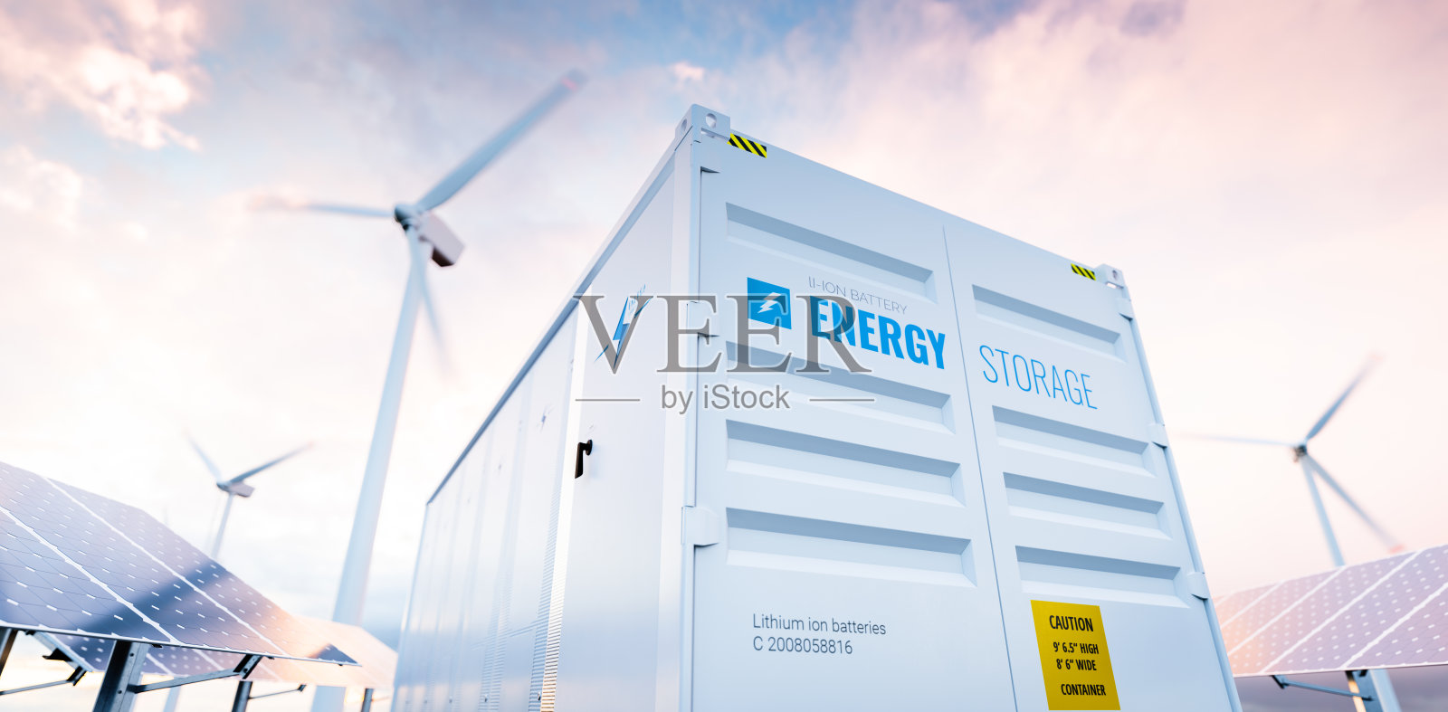 现代电池储能系统的概念图像，以风力涡轮机和太阳能电池板发电厂为背景。三维渲染照片摄影图片