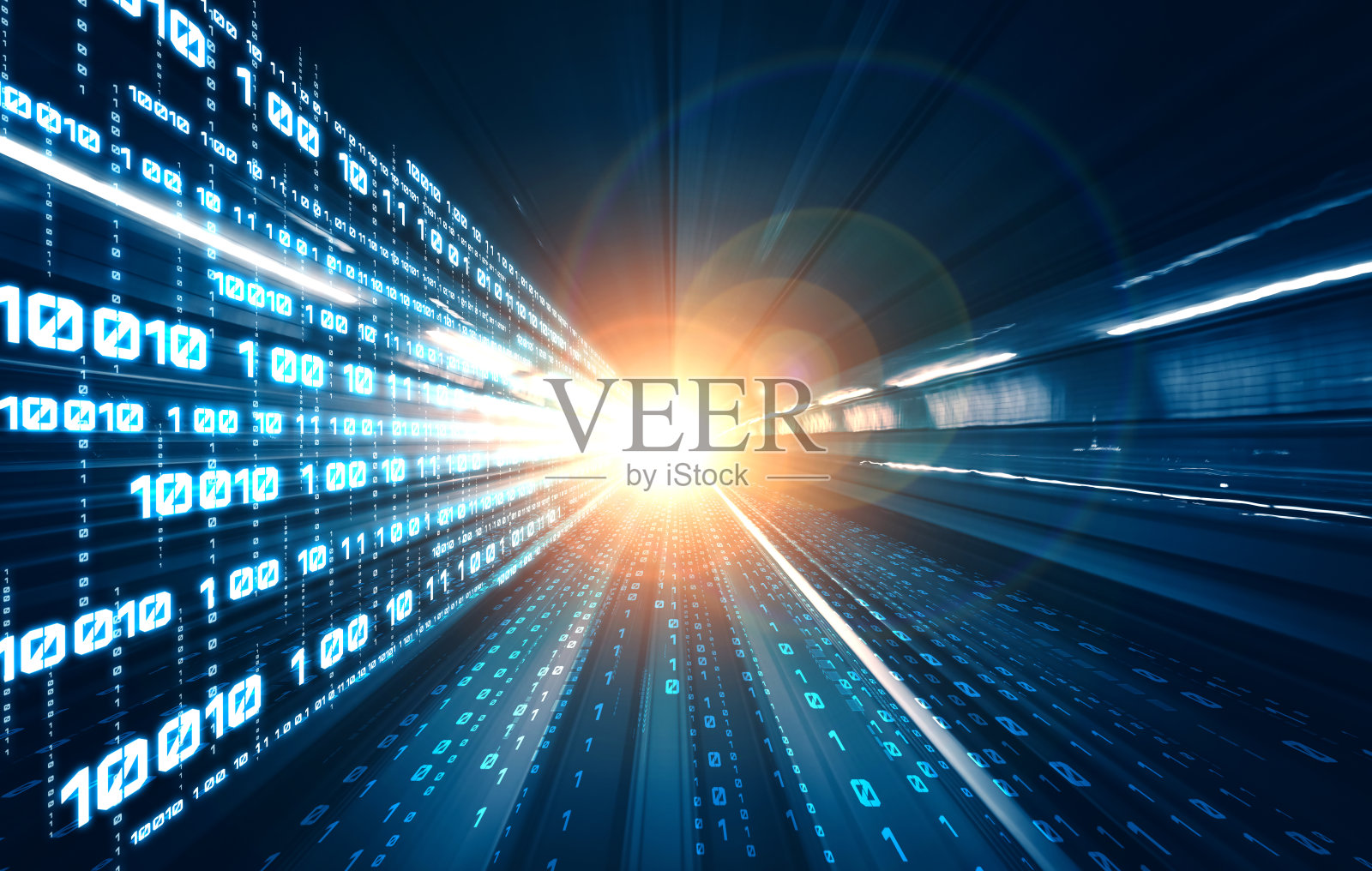 数字数据流与运动模糊的道路，以创建快速传输的视觉照片摄影图片