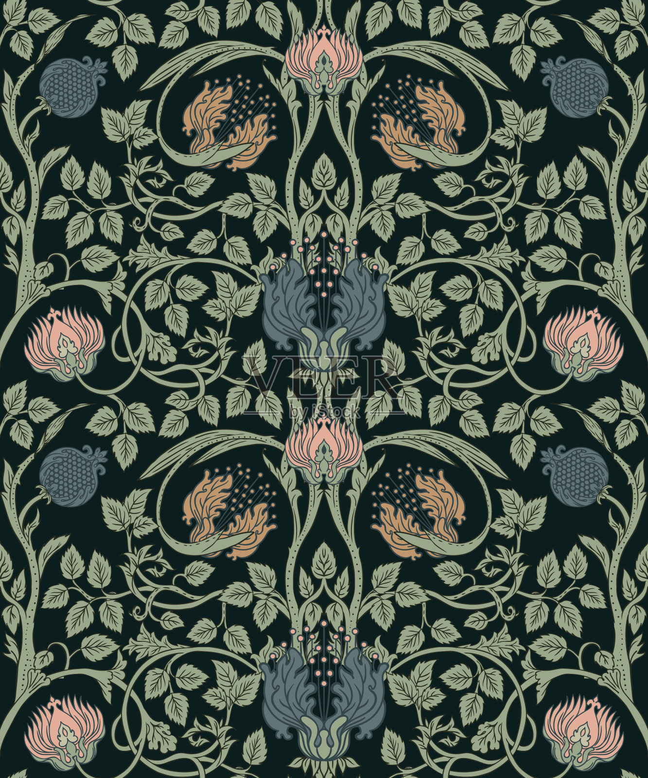 复古墙纸的花卉复古无缝图案。迷人的花朵。艺术和工艺运动的灵感。设计用于包装纸、墙纸。插画图片素材