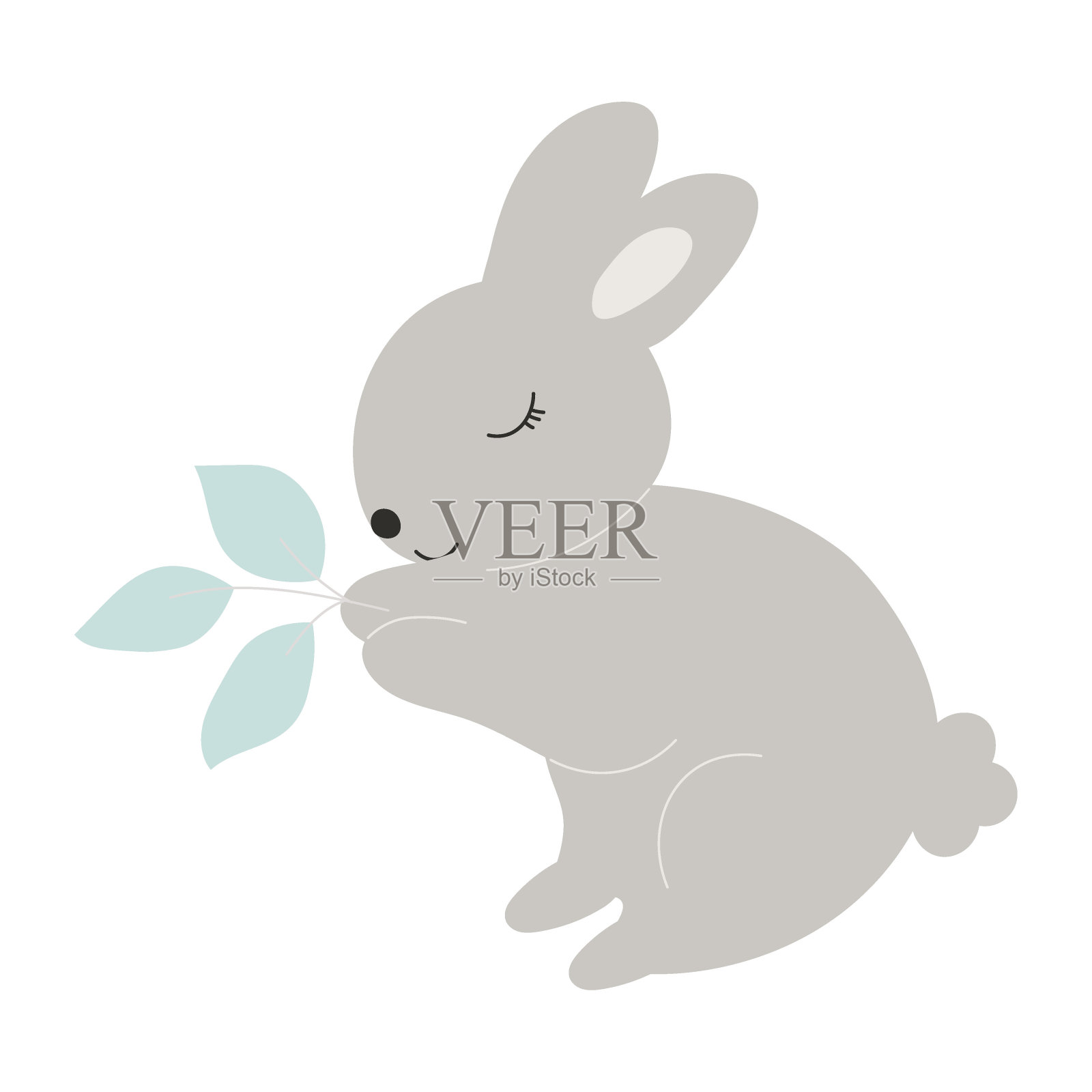 灰兔宝宝用爪子抓着树叶。小兔子。可爱的复活节的动物。野兔矢量儿童插图孤立的背景。设计用于卡片，印刷，书籍，儿童故事设计元素图片