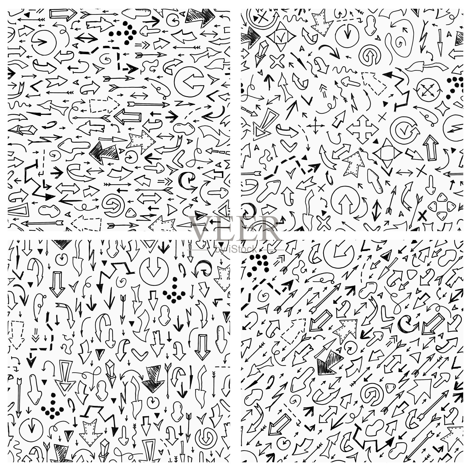 一套矢量无缝箭头图案在涂鸦风格-手绘设计。绘制草图背景也可以单独使用每个图标插画图片素材