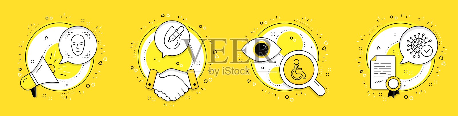 禁用，脸部检测和眼药水图标设置。冠状病毒的迹象。向量插画图片素材