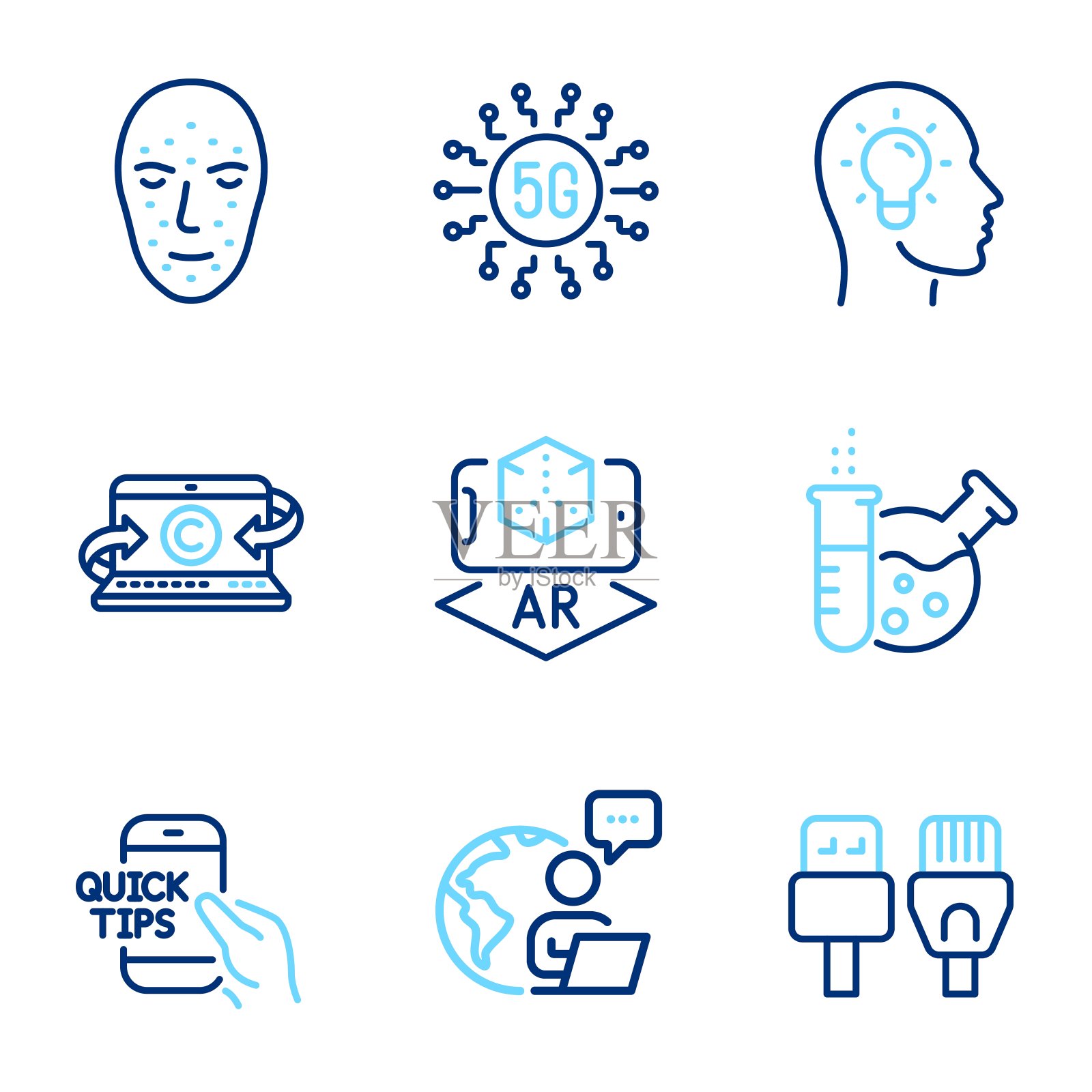 科学的图标集。包括增强现实图标，文案笔记本，5g技术标志。向量图标素材