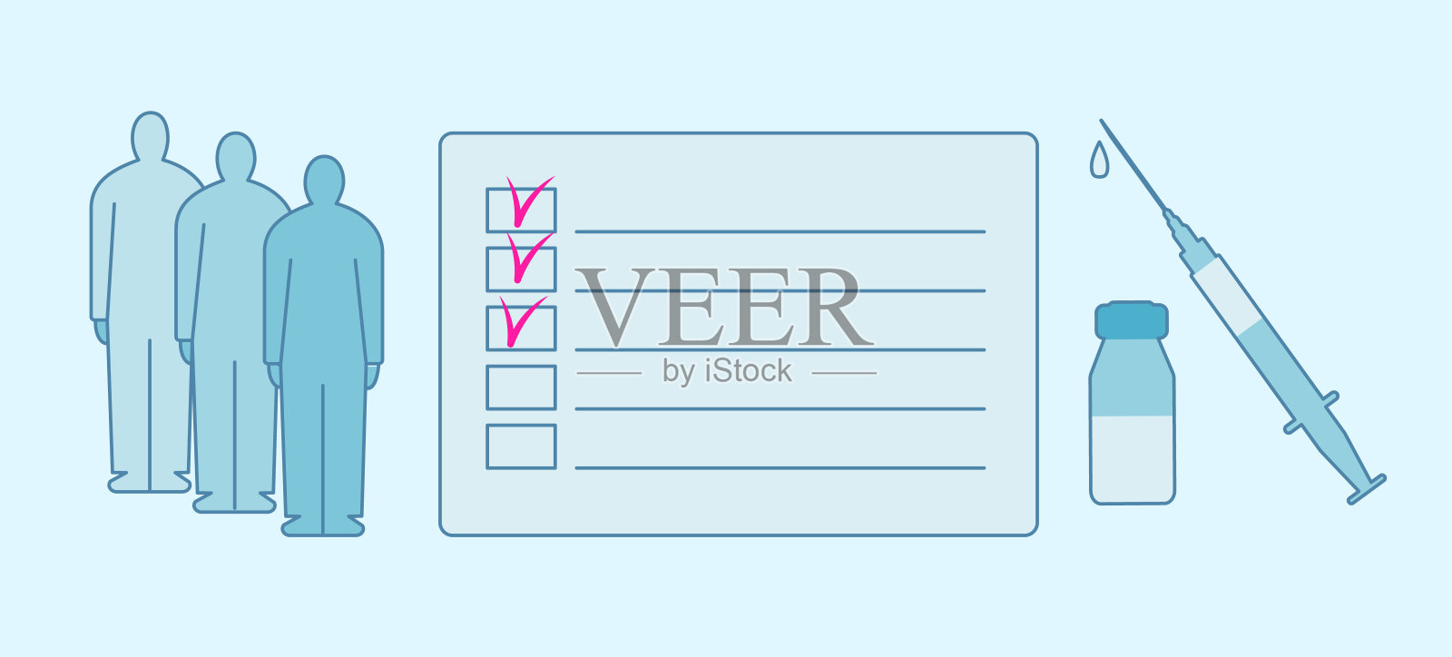 带注射器的横幅，带疫苗的药瓶，人员和检查表。插画图片素材