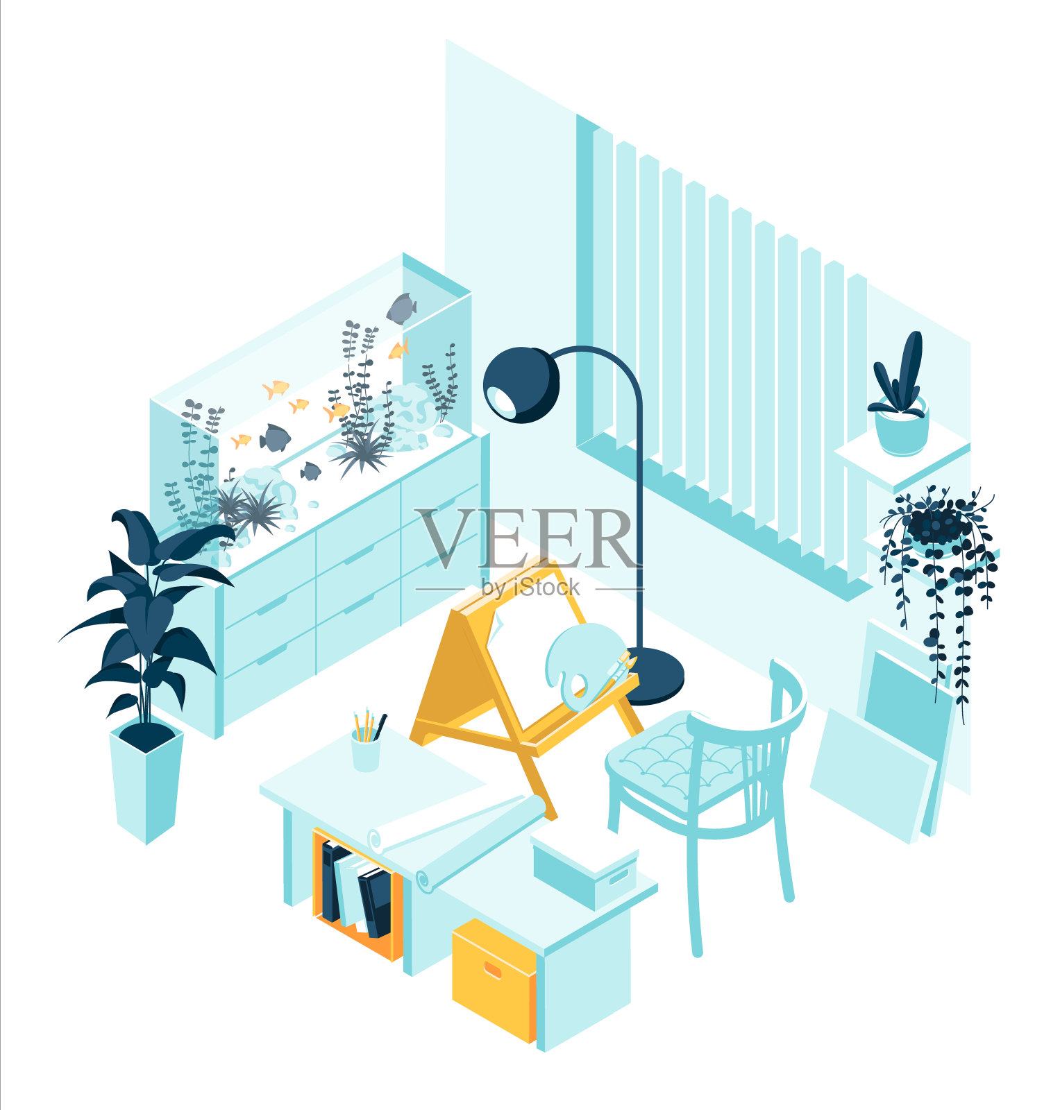 等距艺术家柜与画架和水族馆家居家具和配件室内概念孤立的白色背景插画图片素材