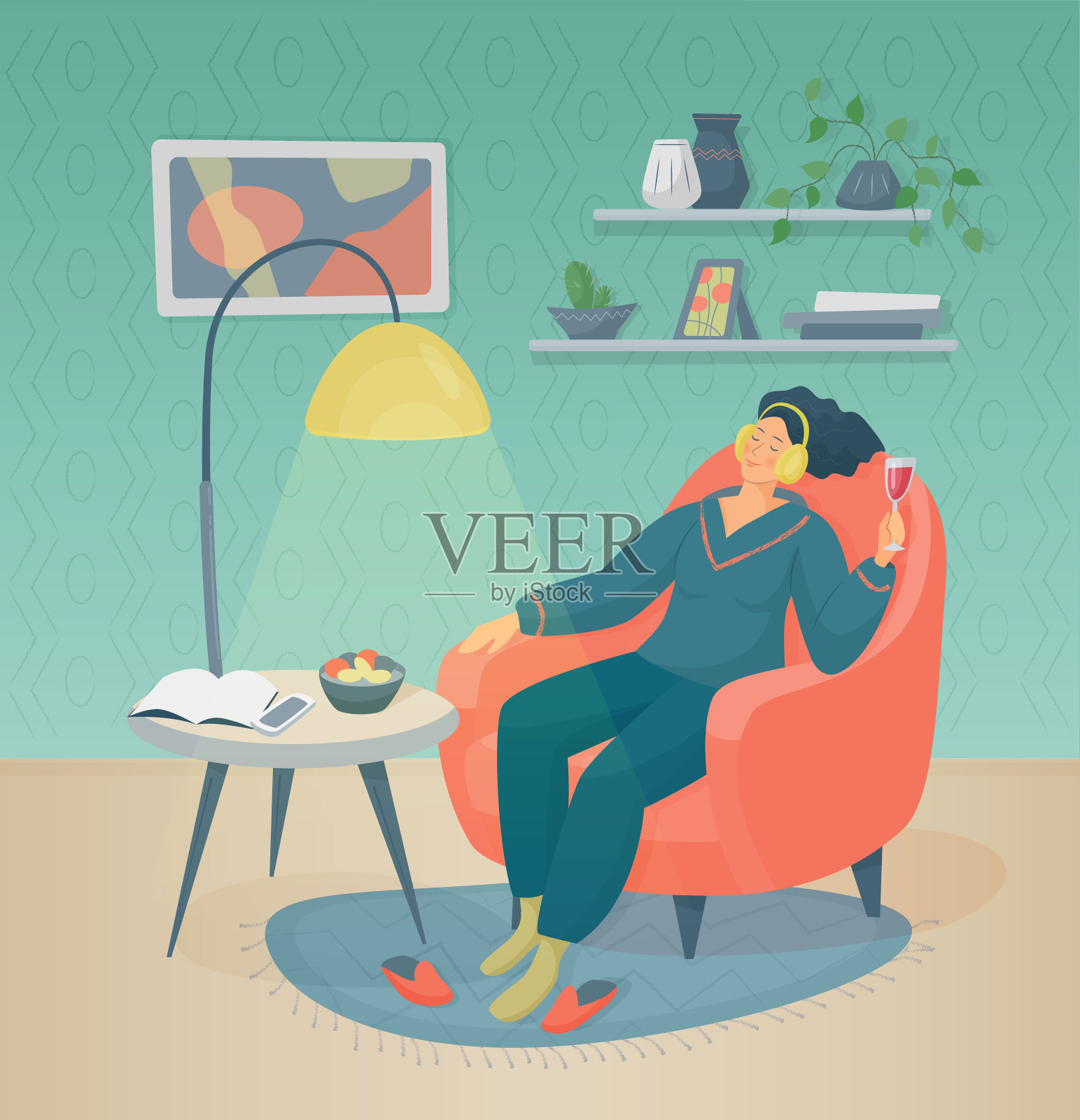 一个女人拿着一杯红酒坐在客厅的扶手椅上，戴着耳机听音乐。插画图片素材