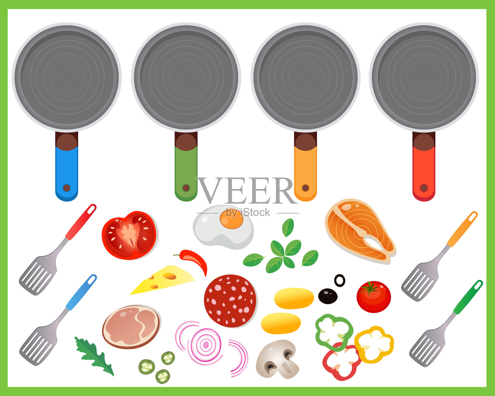 煎锅及其制品的彩色图像。食物配料在白色背景上。食物和饮食。菜和陶器。向量插图设置的孩子。插画图片素材