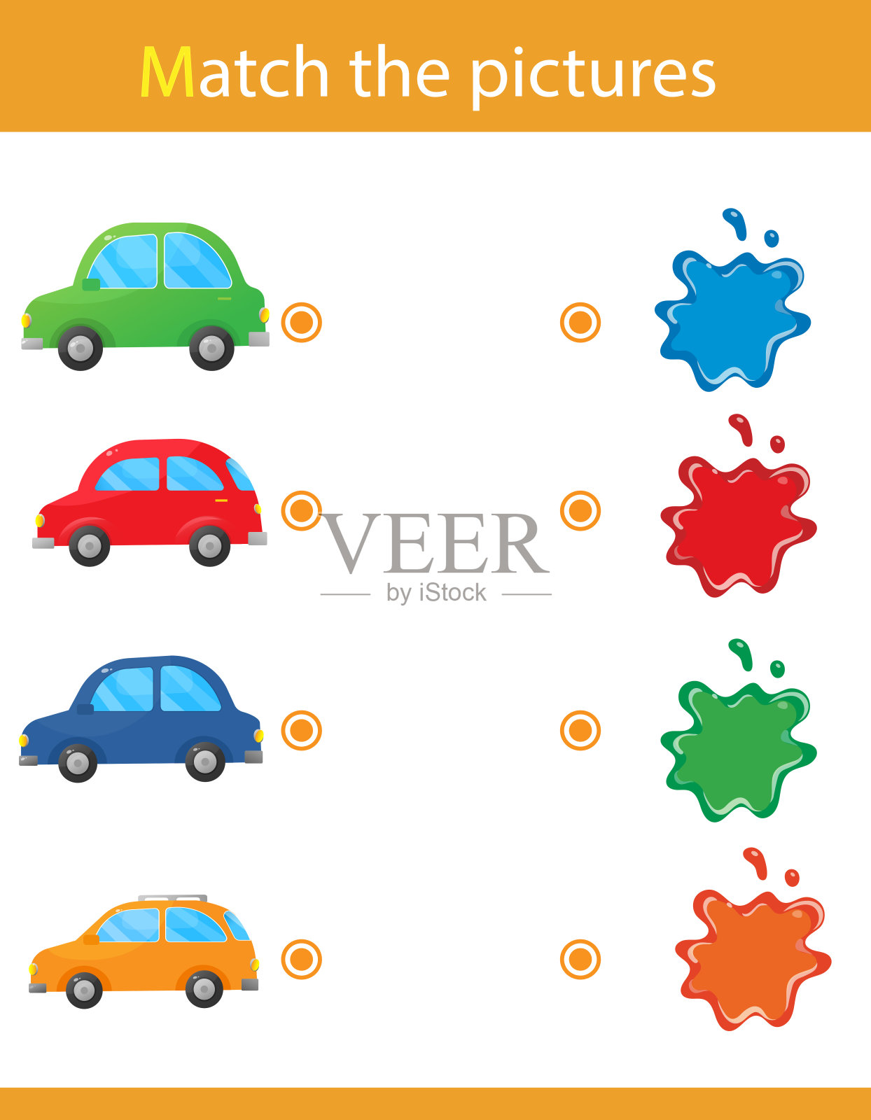 匹配的颜色。对孩子的难题。配对游戏，儿童教育游戏。汽车物体是什么颜色的?学龄前儿童的工作表。插画图片素材