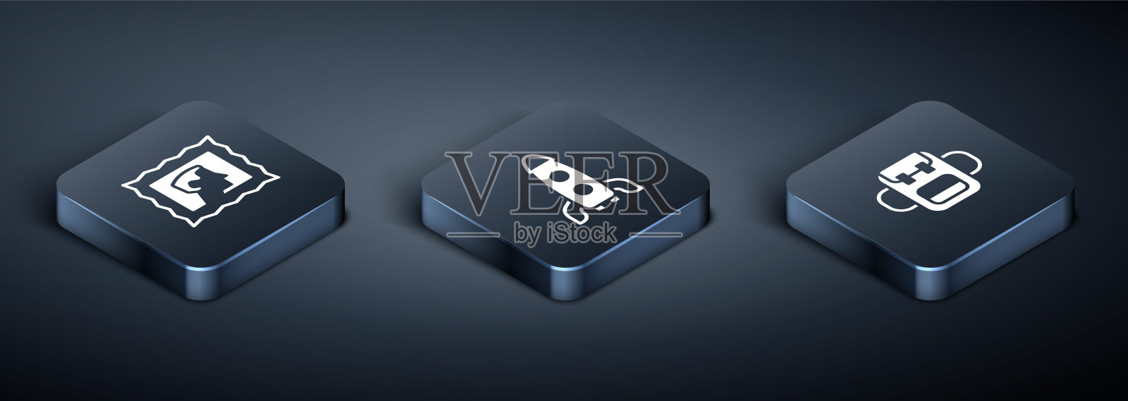 设置等距邮票，学校背包和火箭船图标。向量图标素材