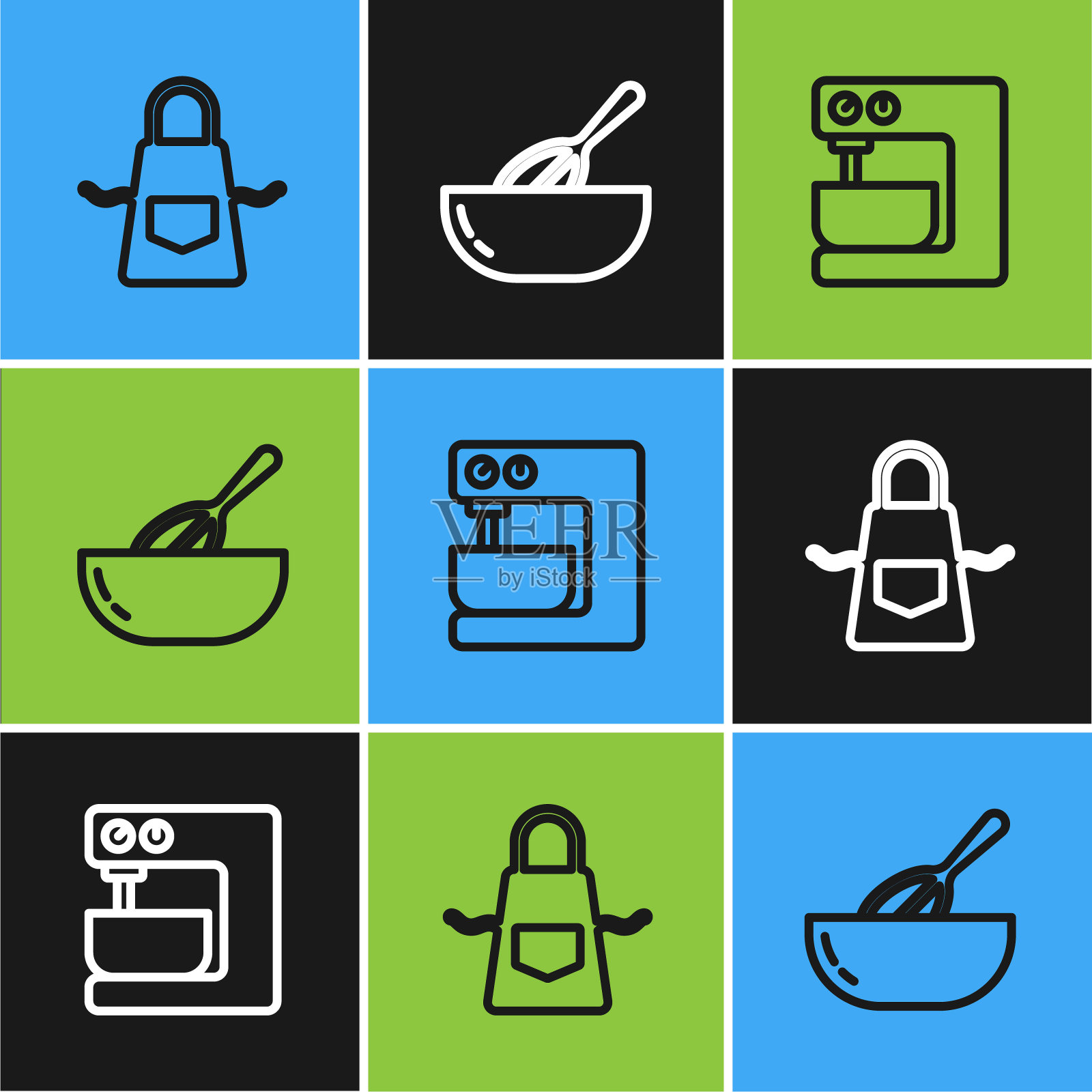 配有厨房围裙，电动搅拌器，搅拌器和碗图标。向量插画图片素材