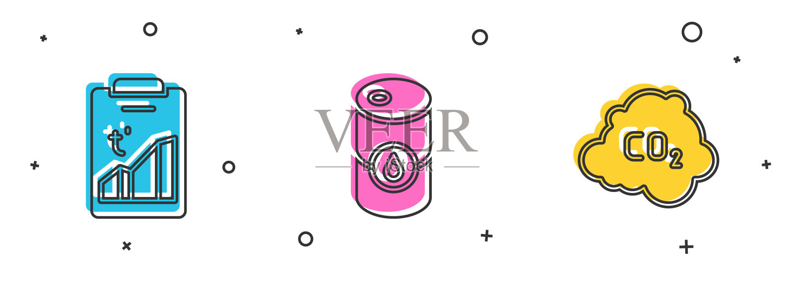 设定全球变暖，桶油和二氧化碳排放的云图标。向量设计元素图片