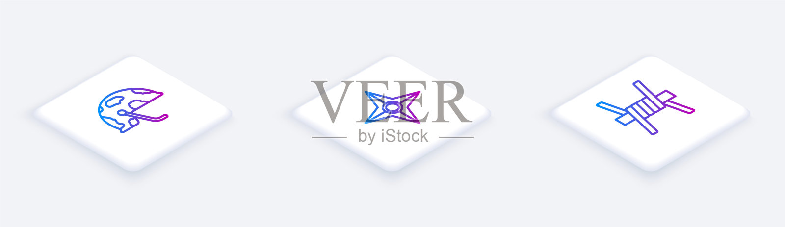 设置等距线军事头盔，日本忍者飞镖和铁丝网。白色正方形按钮。向量图标素材