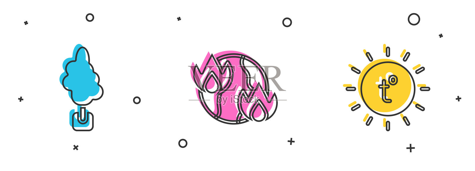 设置树，全球变暖火和太阳图标。向量图标素材