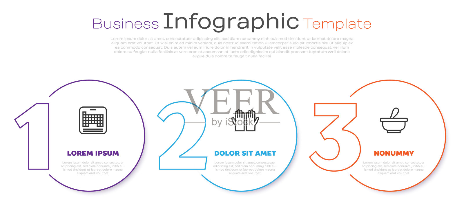 设元素周期表、医用橡胶手套、研钵和杵。业务信息模板。向量设计模板素材