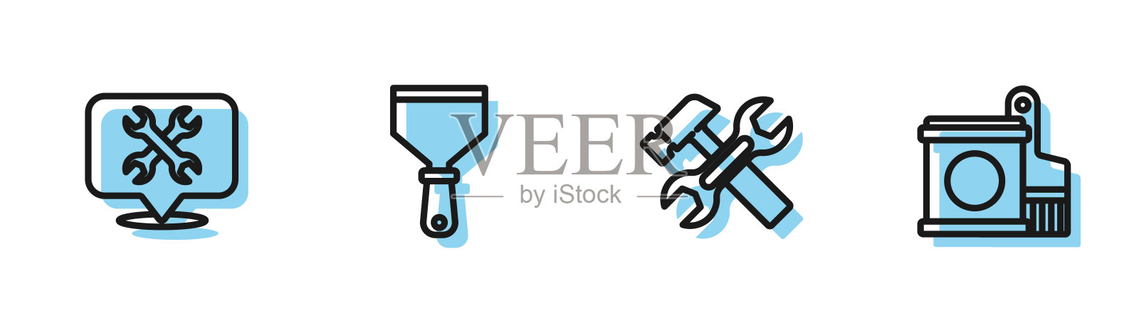 设置线锤和扳手，定位用，油灰刀和油漆桶刷图标。向量插画图片素材