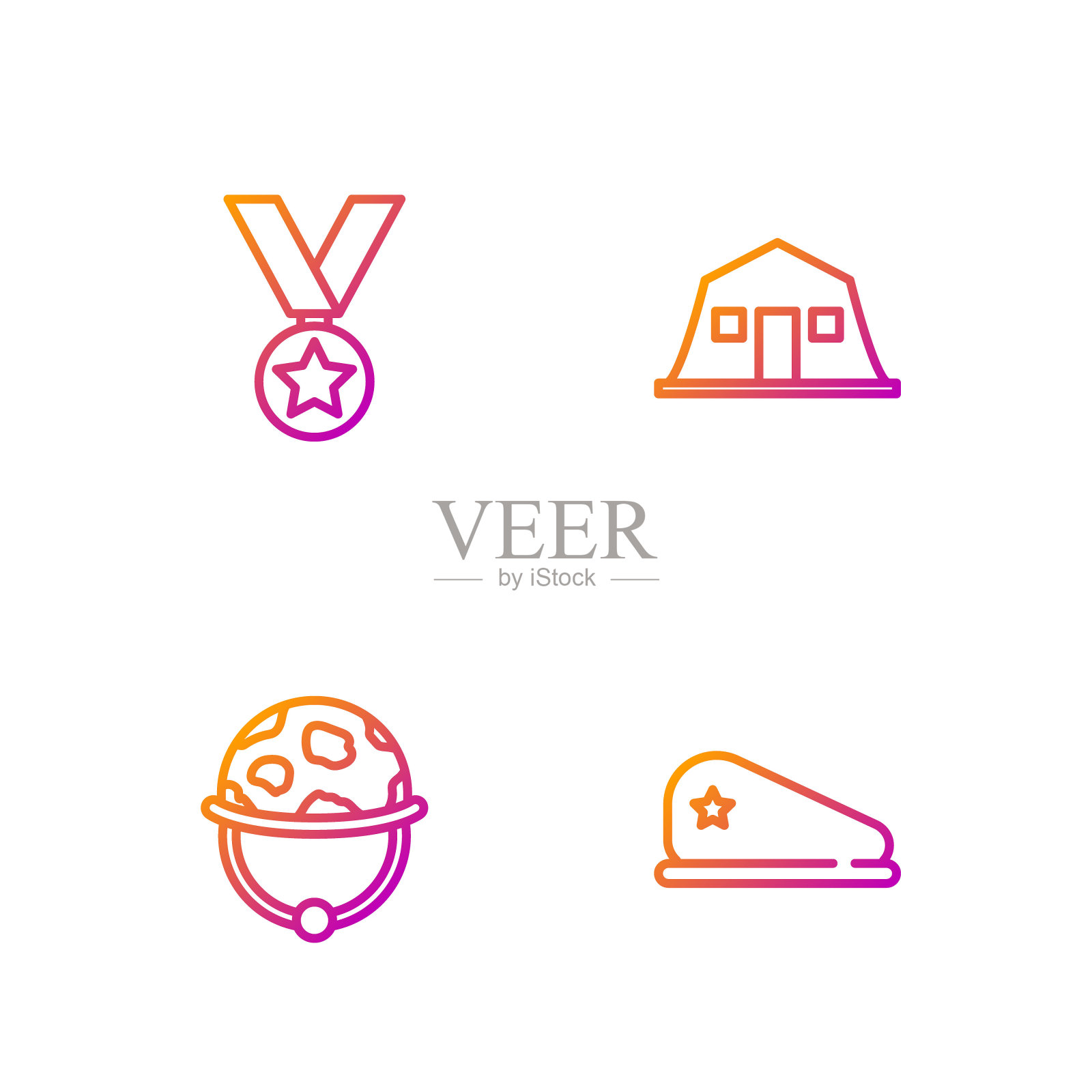 设置军事贝雷帽，头盔，奖励奖章和兵营。渐变颜色图标。向量图标素材