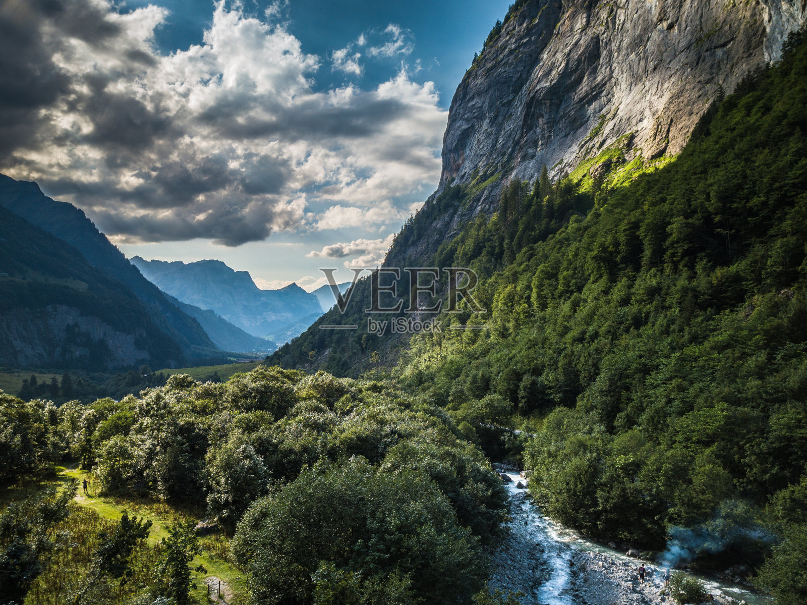 鸟瞰图夏季绿树在森林与一个壮丽的山河照片摄影图片