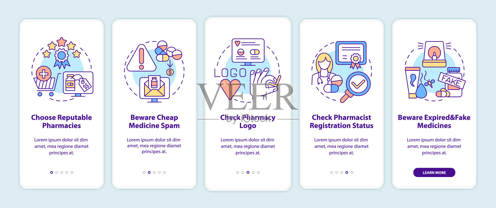 在线购买药品提示登陆手机应用页面屏幕上的概念插画图片素材