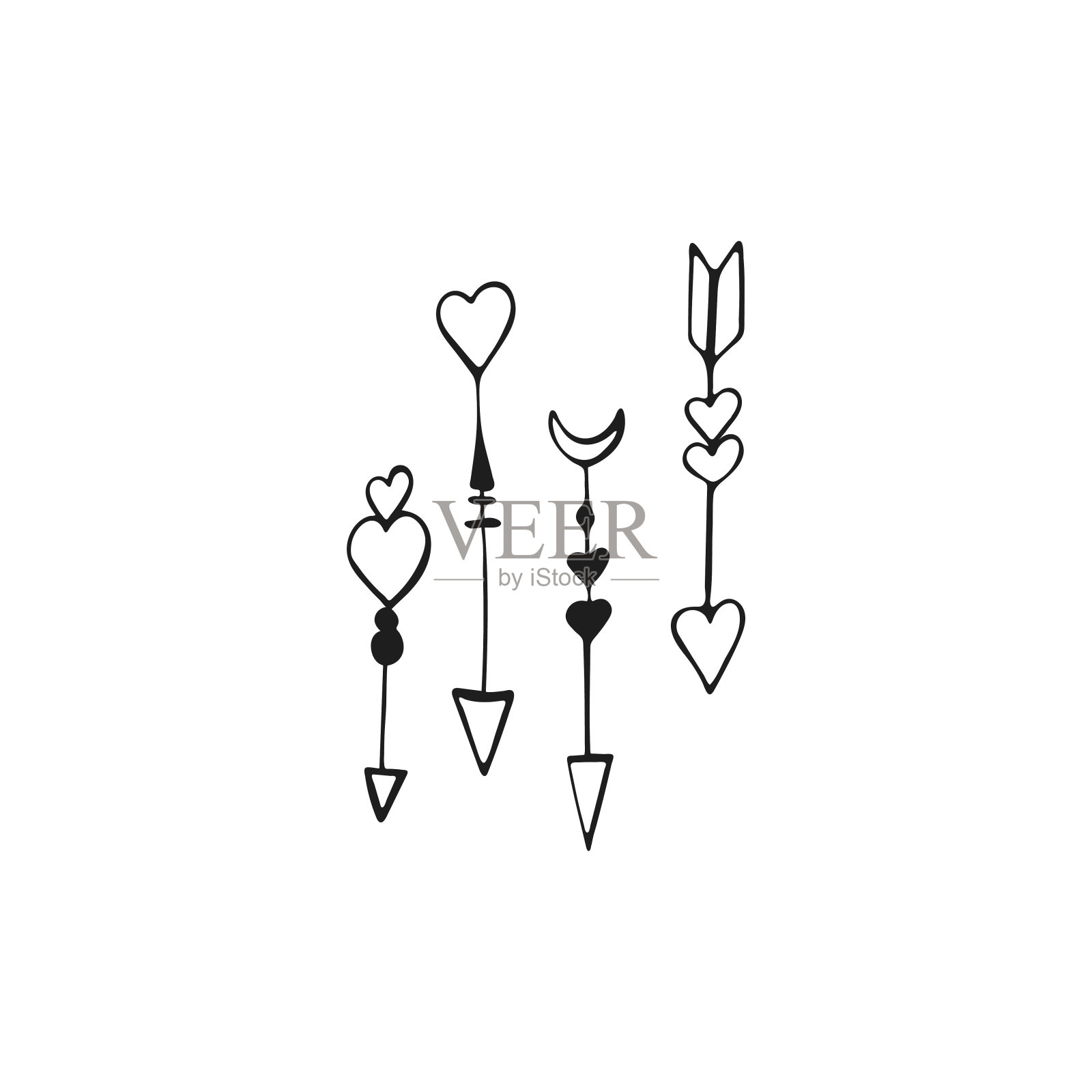 手绘的一套箭头与心。心箭头孤立在白色背景上。情人节的象征。矢量插图。插画图片素材
