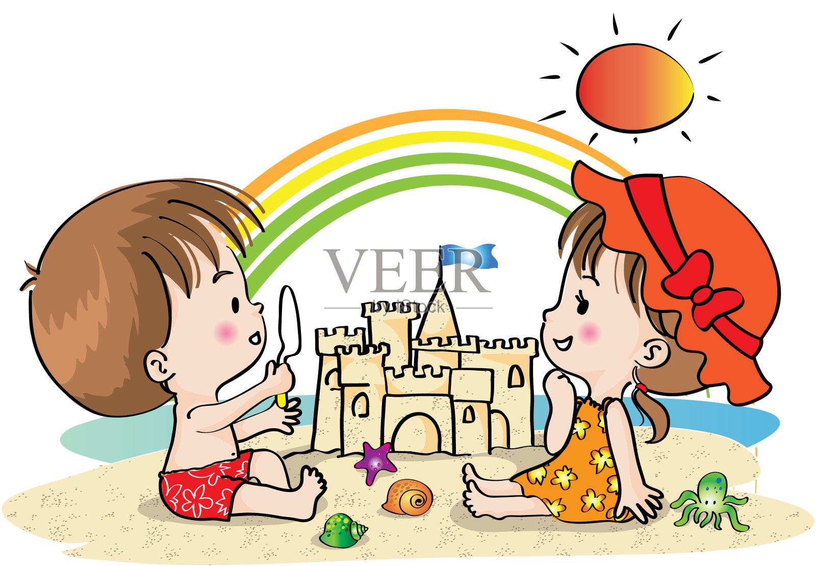 矢量卡通男孩和女孩在夏天玩沙堡彩虹太阳插画图片素材