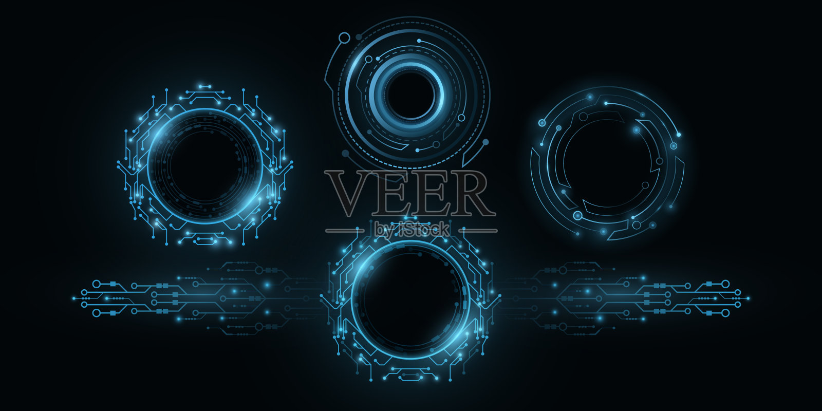 未来的圆形发光HUD元素。人工智能的帧。虚拟图形触摸用户界面。指示板显示。科幻和高科技设计。矢量插图。插画图片素材