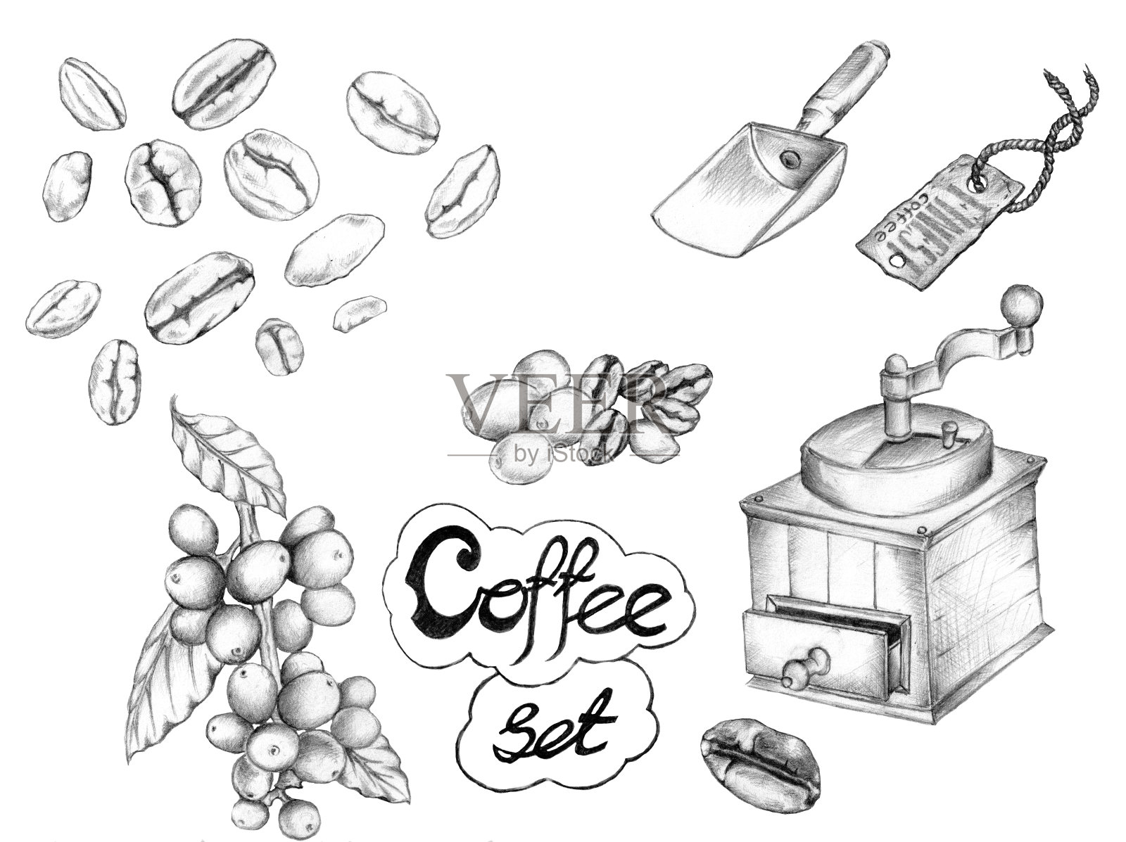 手绘铅笔咖啡套装插画图片素材