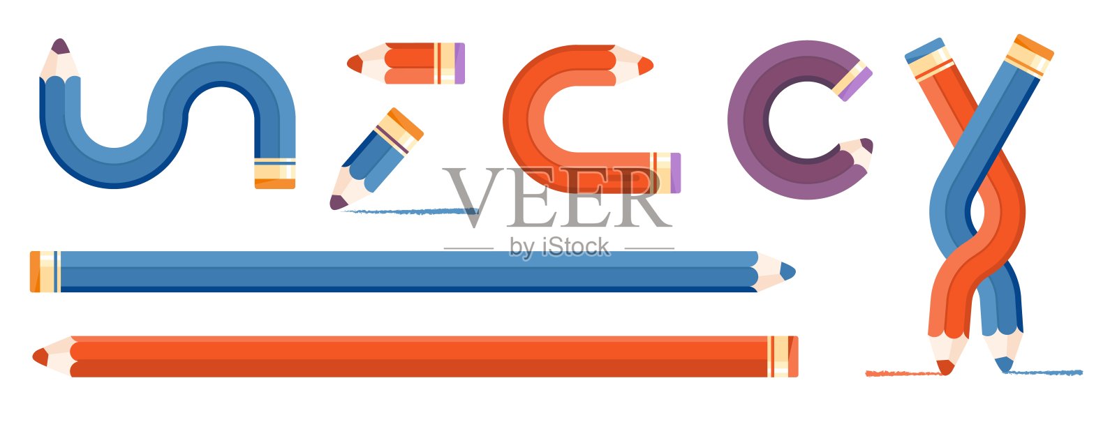 图表元素。直的，扭曲的和缠绕的铅笔。蓝色和红色的铅笔颜色。矢量图插画图片素材