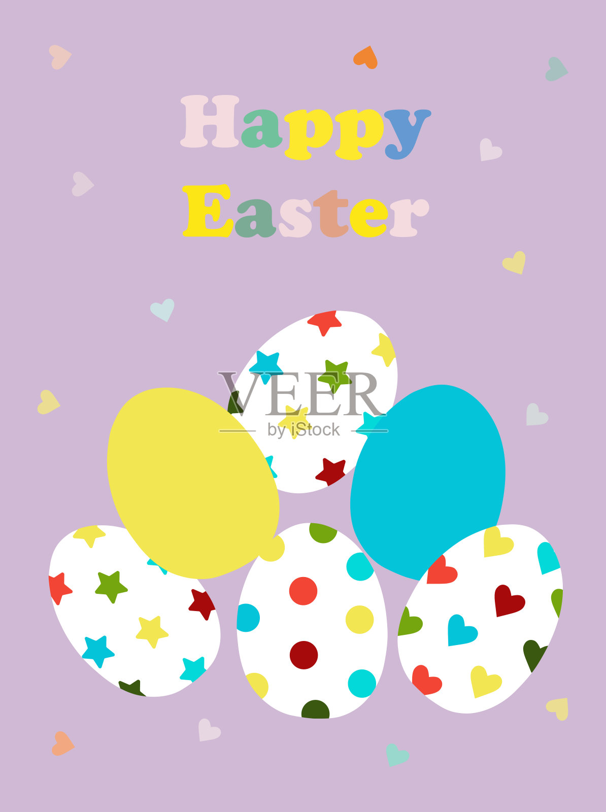以淡紫色为背景的彩蛋贺卡复活节快乐。用于印刷装饰枕头，小册子，传单，杯子，厨房纺织品。矢量图形。设计模板素材